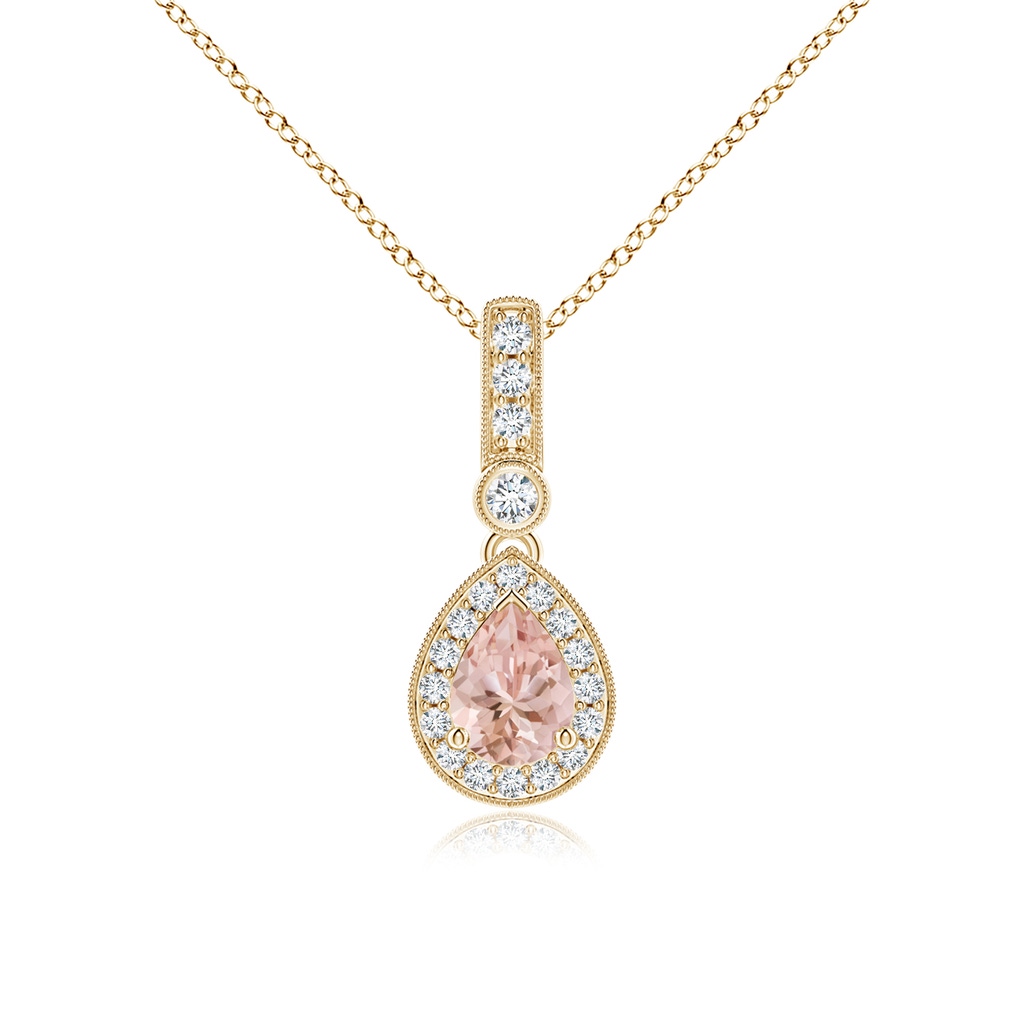7x5mm AAAA Pear-Shaped Morganite and pave Diamond Halo Pendant in Yellow Gold
