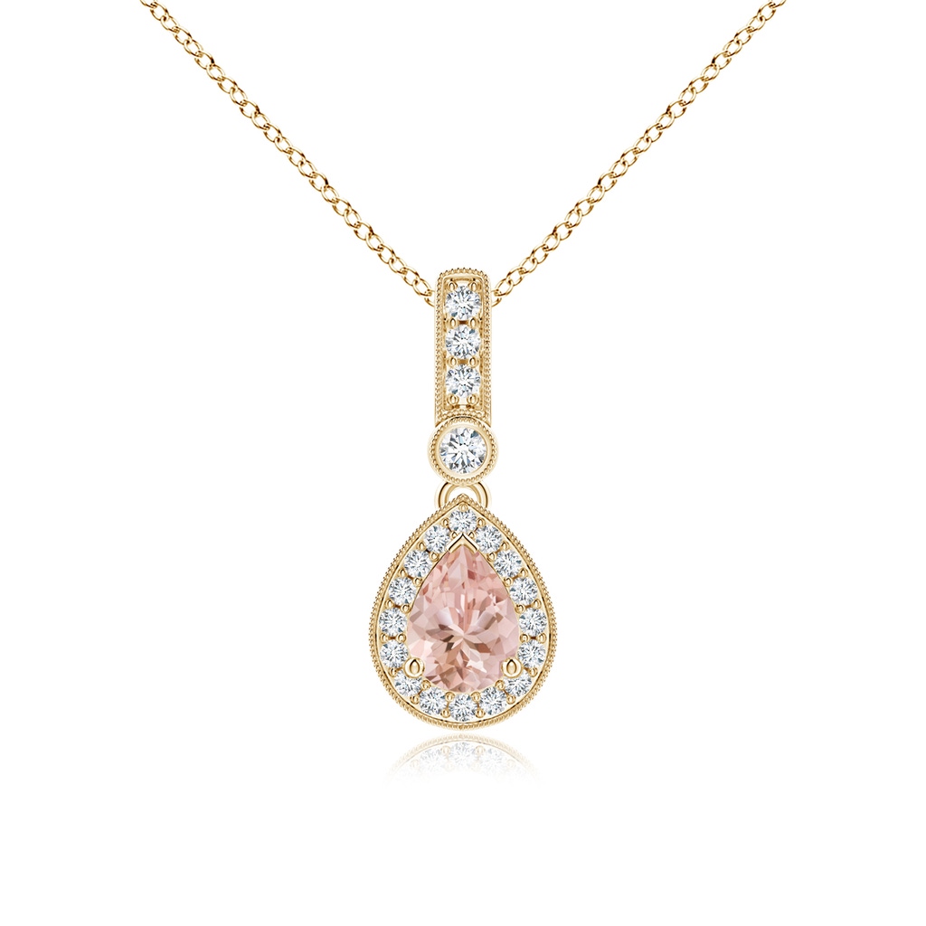 7x5mm AAAA Pear-Shaped Morganite and pave Diamond Halo Pendant in Yellow Gold