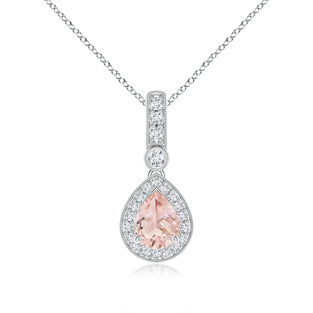 8x6mm AAA Pear-Shaped Morganite and pave Diamond Halo Pendant in White Gold