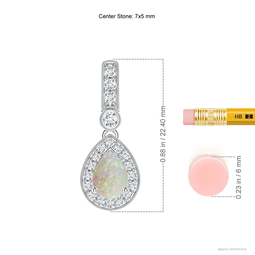7x5mm AAA Pear-Shaped Opal and pave Diamond Halo Pendant in White Gold Ruler