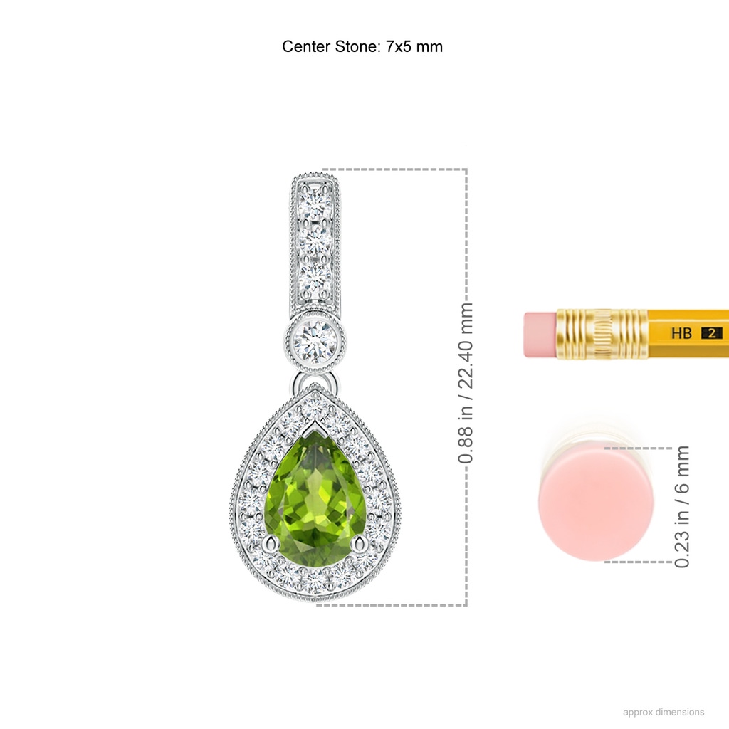 7x5mm AAA Pear-Shaped Peridot and pave Diamond Halo Pendant in White Gold Ruler