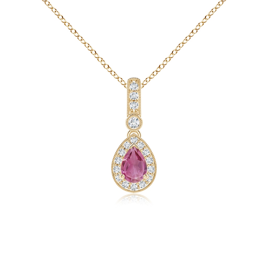 6x4mm AAA Pear-Shaped Pink Tourmaline and pave Diamond Halo Pendant in Yellow Gold 