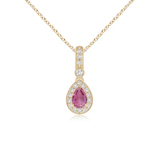 6x4mm AAA Pear-Shaped Pink Tourmaline and pave Diamond Halo Pendant in Yellow Gold