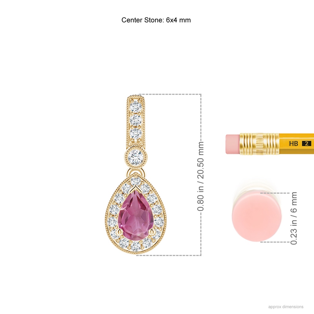 6x4mm AAA Pear-Shaped Pink Tourmaline and pave Diamond Halo Pendant in Yellow Gold Ruler