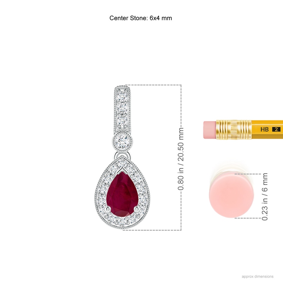 6x4mm A Pear-Shaped Ruby and pave Diamond Halo Pendant in P950 Platinum ruler