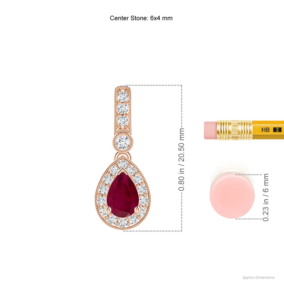 6x4mm A Pear-Shaped Ruby and pave Diamond Halo Pendant in Rose Gold ruler