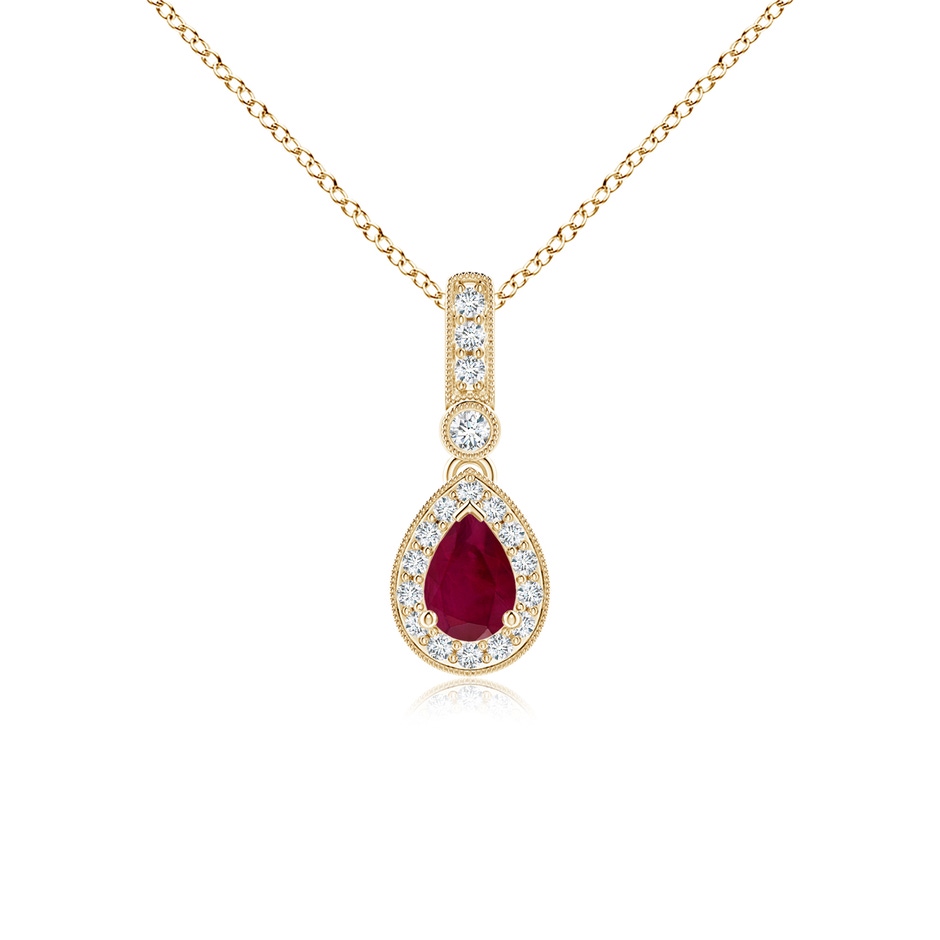 6x4mm A Pear-Shaped Ruby and pave Diamond Halo Pendant in Yellow Gold 