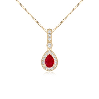 6x4mm AAA Pear-Shaped Ruby and pave Diamond Halo Pendant in Yellow Gold