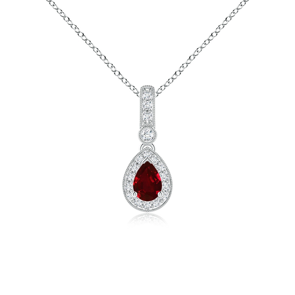 6x4mm AAAA Pear-Shaped Ruby and pave Diamond Halo Pendant in P950 Platinum