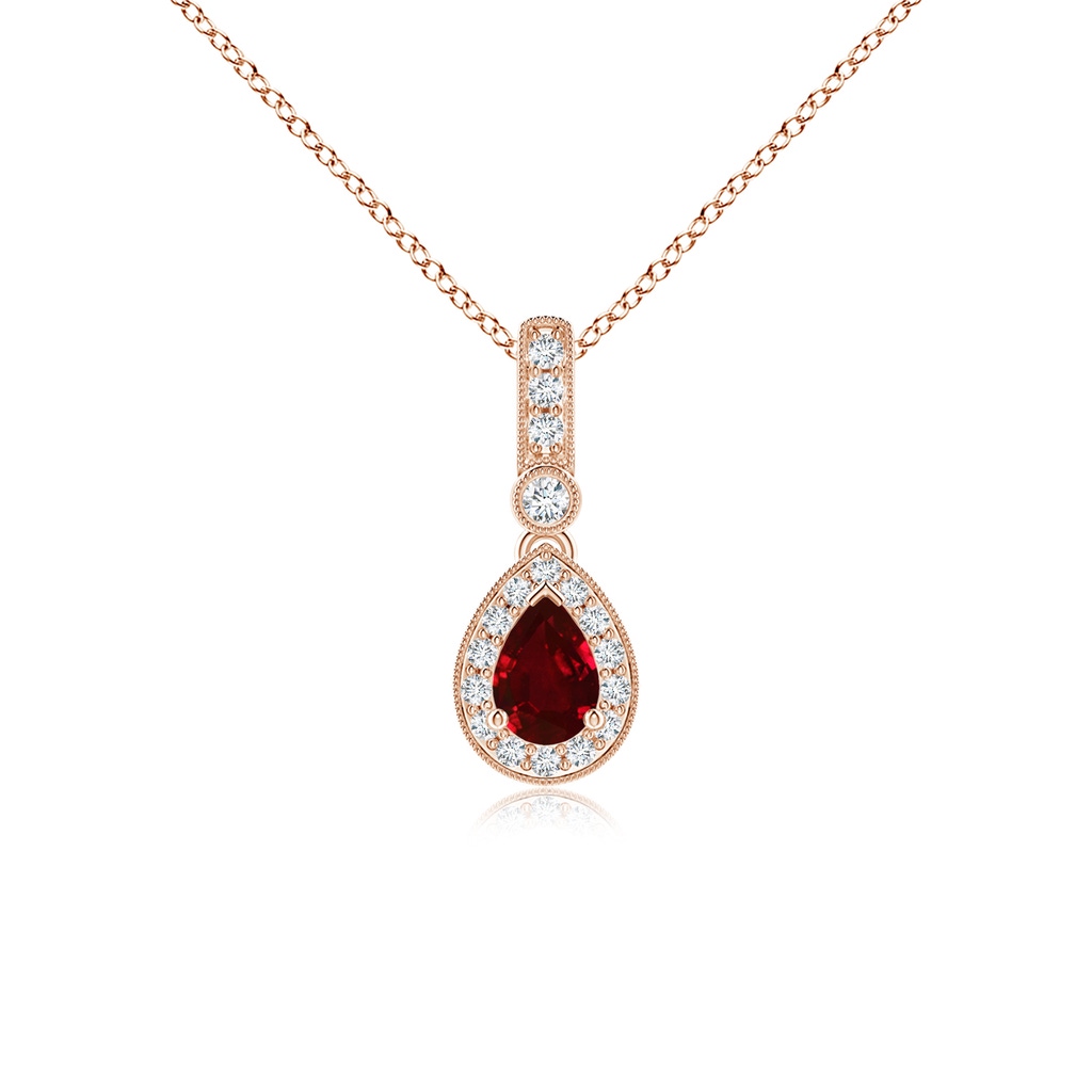 6x4mm AAAA Pear-Shaped Ruby and pave Diamond Halo Pendant in Rose Gold