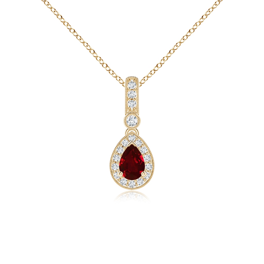 6x4mm AAAA Pear-Shaped Ruby and pave Diamond Halo Pendant in Yellow Gold