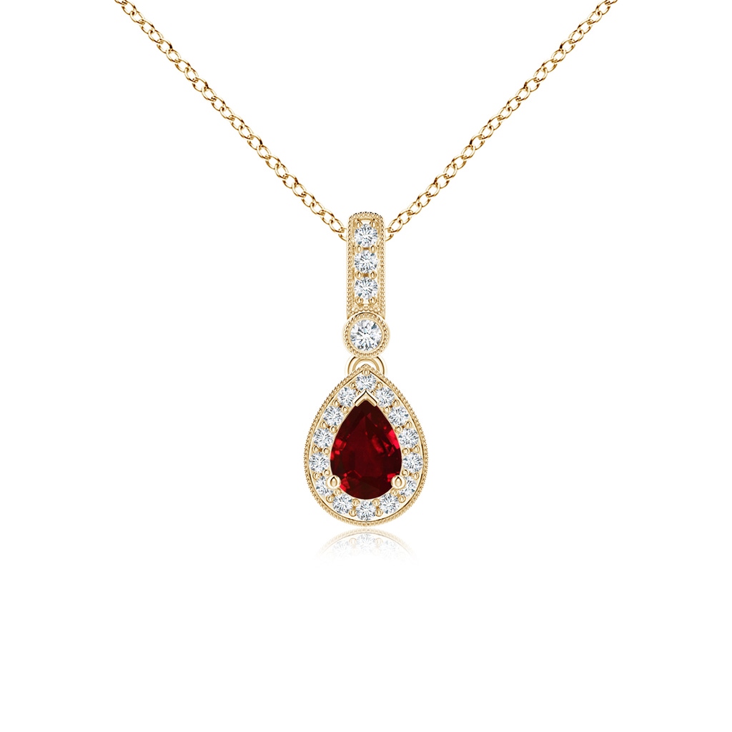 6x4mm AAAA Pear-Shaped Ruby and pave Diamond Halo Pendant in Yellow Gold
