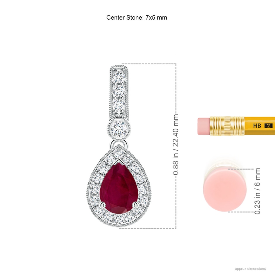 7x5mm A Pear-Shaped Ruby and pave Diamond Halo Pendant in White Gold ruler