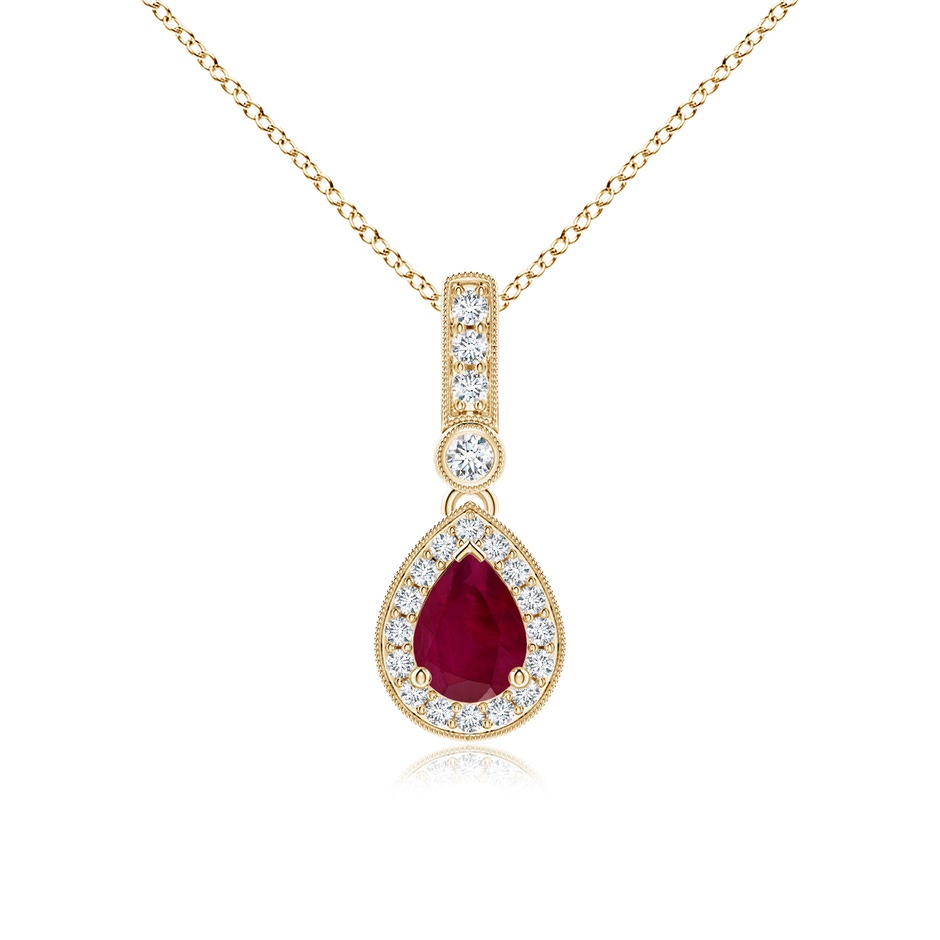 7x5mm A Pear-Shaped Ruby and pave Diamond Halo Pendant in Yellow Gold 