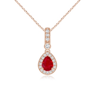 7x5mm AAA Pear-Shaped Ruby and pave Diamond Halo Pendant in Rose Gold
