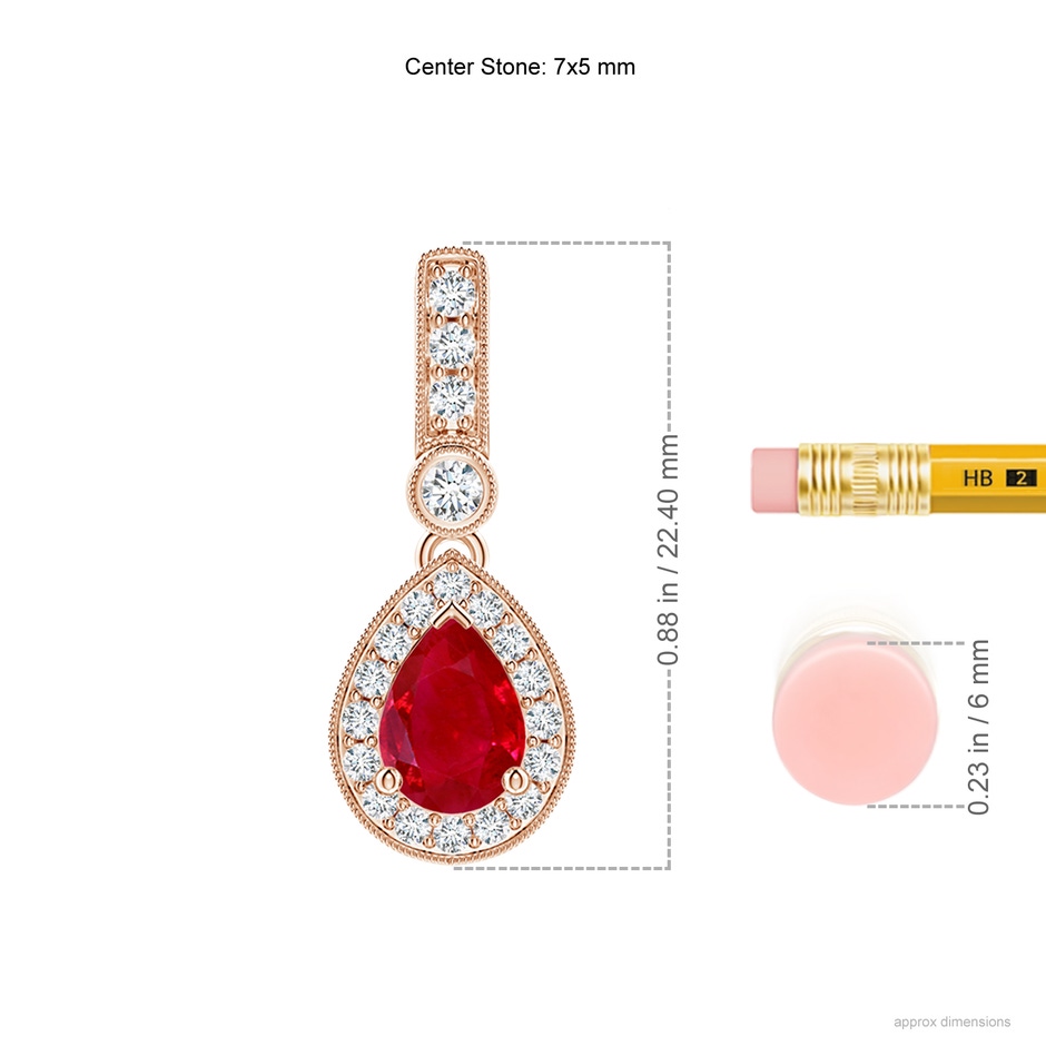 7x5mm AAA Pear-Shaped Ruby and pave Diamond Halo Pendant in Rose Gold ruler
