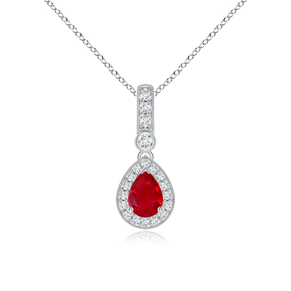 7x5mm AAA Pear-Shaped Ruby and pave Diamond Halo Pendant in White Gold 