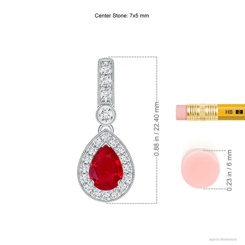 7x5mm AAA Pear-Shaped Ruby and pave Diamond Halo Pendant in White Gold Ruler
