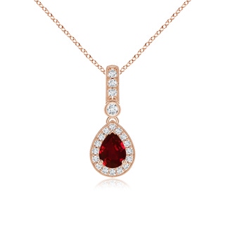 7x5mm AAAA Pear-Shaped Ruby and pave Diamond Halo Pendant in 9K Rose Gold