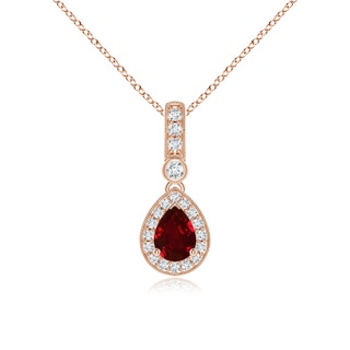7x5mm AAAA Pear-Shaped Ruby and pave Diamond Halo Pendant in Rose Gold