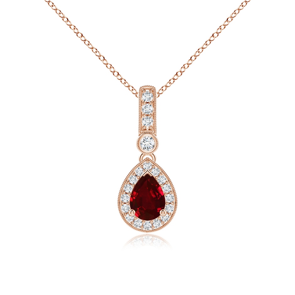 7x5mm AAAA Pear-Shaped Ruby and pave Diamond Halo Pendant in Rose Gold 