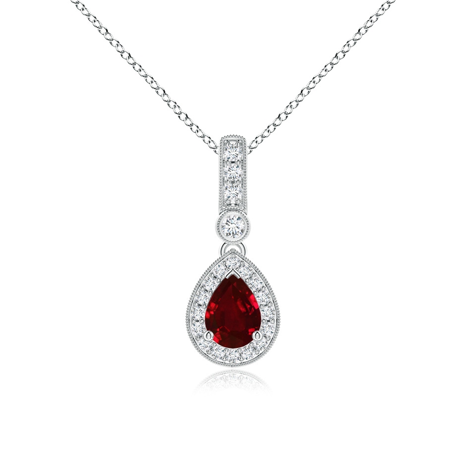7x5mm AAAA Pear-Shaped Ruby and pave Diamond Halo Pendant in White Gold 