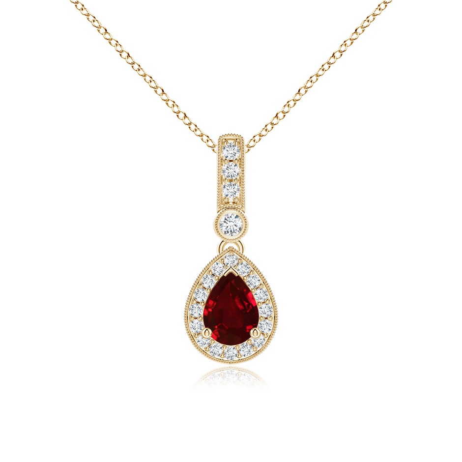 7x5mm AAAA Pear-Shaped Ruby and pave Diamond Halo Pendant in Yellow Gold 