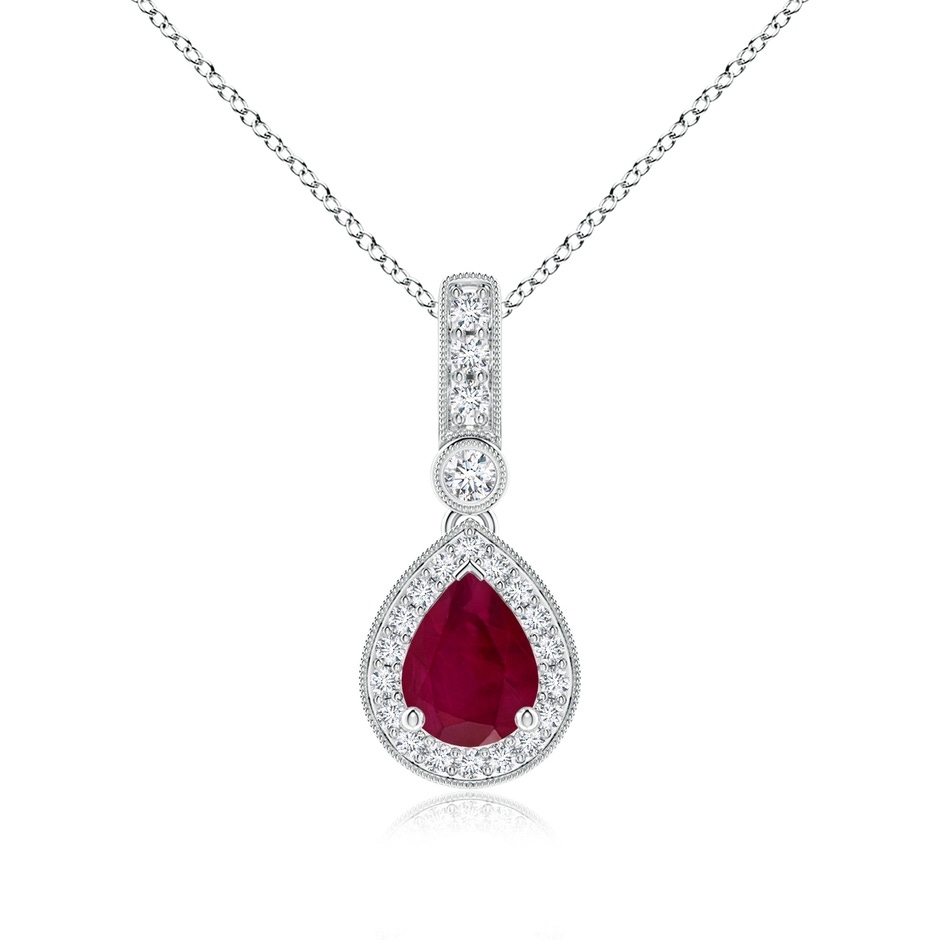 8x6mm A Pear-Shaped Ruby and pave Diamond Halo Pendant in White Gold 