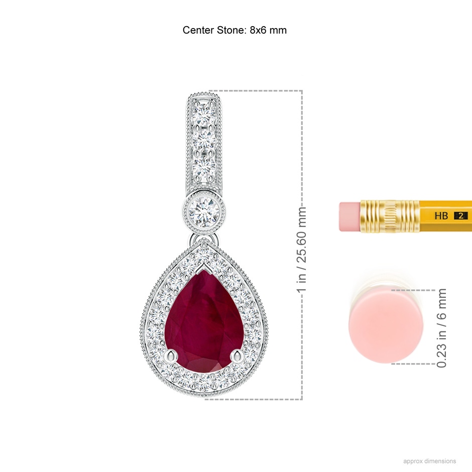 8x6mm A Pear-Shaped Ruby and pave Diamond Halo Pendant in White Gold ruler