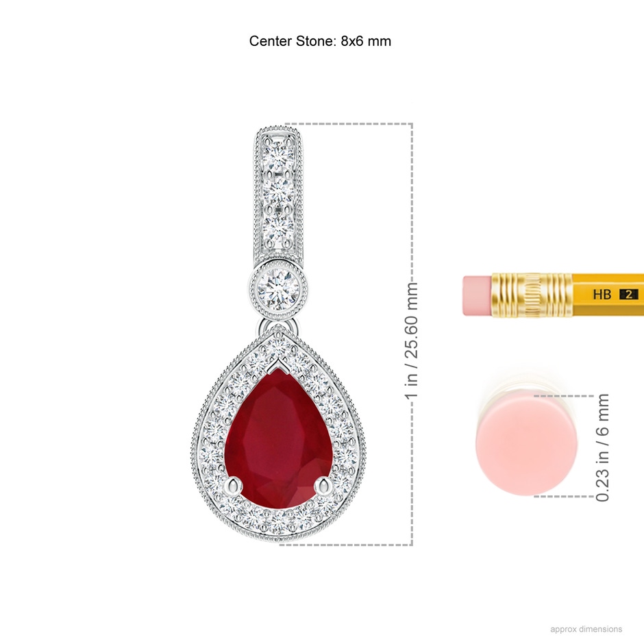 8x6mm AA Pear-Shaped Ruby and pave Diamond Halo Pendant in P950 Platinum ruler