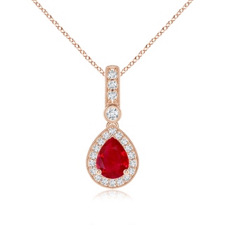 8x6mm AAA Pear-Shaped Ruby and pave Diamond Halo Pendant in Rose Gold