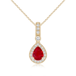 8x6mm AAA Pear-Shaped Ruby and pave Diamond Halo Pendant in Yellow Gold