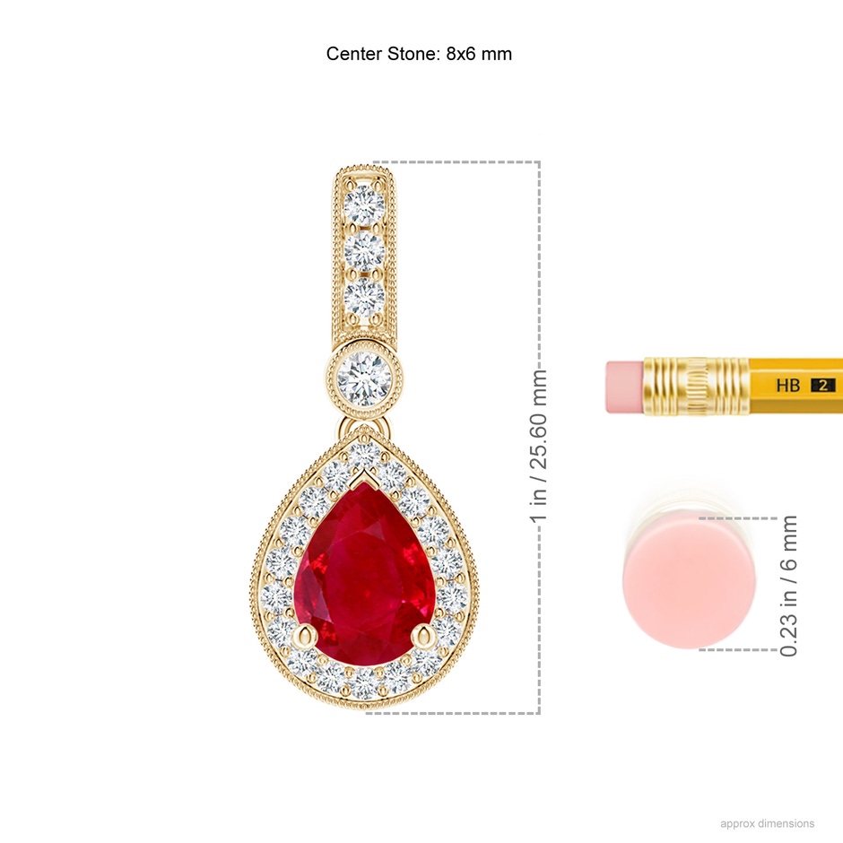 8x6mm AAA Pear-Shaped Ruby and pave Diamond Halo Pendant in Yellow Gold ruler
