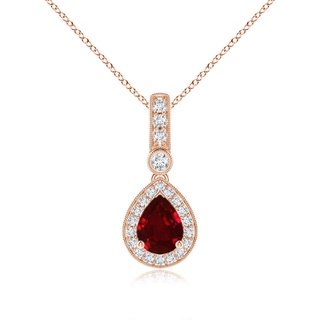 8x6mm AAAA Pear-Shaped Ruby and pave Diamond Halo Pendant in 9K Rose Gold