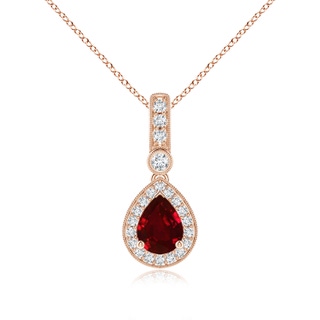 8x6mm AAAA Pear-Shaped Ruby and pave Diamond Halo Pendant in Rose Gold