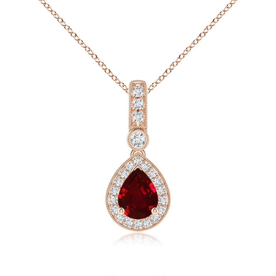 8x6mm AAAA Pear-Shaped Ruby and pave Diamond Halo Pendant in Rose Gold 