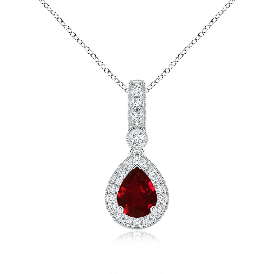 8x6mm AAAA Pear-Shaped Ruby and pave Diamond Halo Pendant in White Gold 