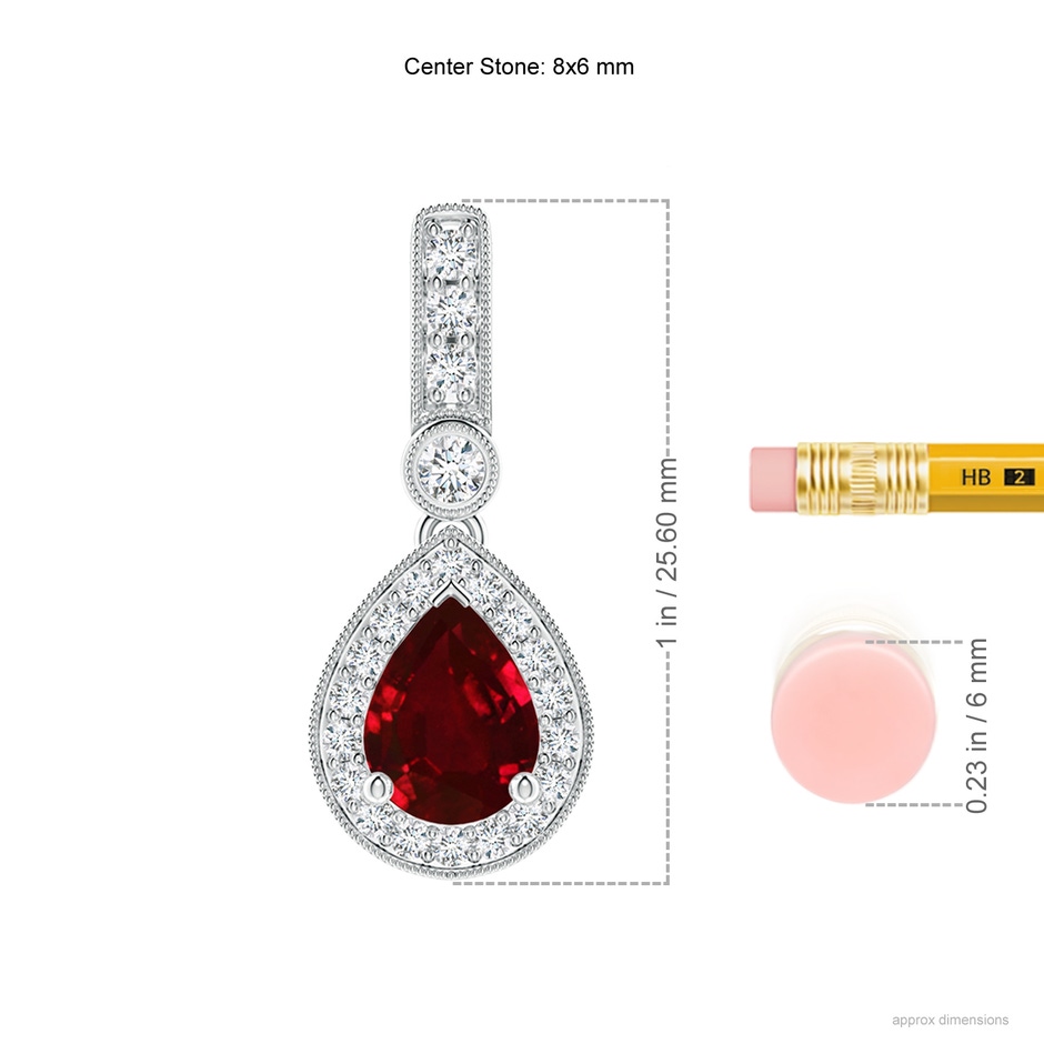 8x6mm AAAA Pear-Shaped Ruby and pave Diamond Halo Pendant in White Gold ruler