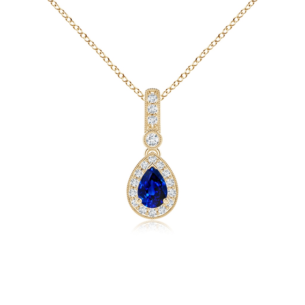6x4mm AAAA Pear-Shaped Sapphire and Pave Diamond Halo Pendant in Yellow Gold