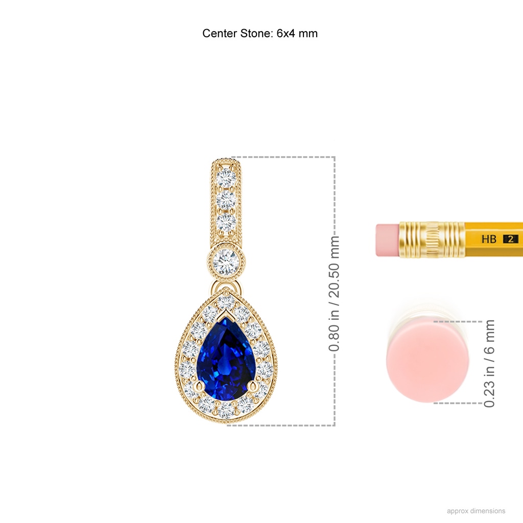 6x4mm AAAA Pear-Shaped Sapphire and Pave Diamond Halo Pendant in Yellow Gold Ruler