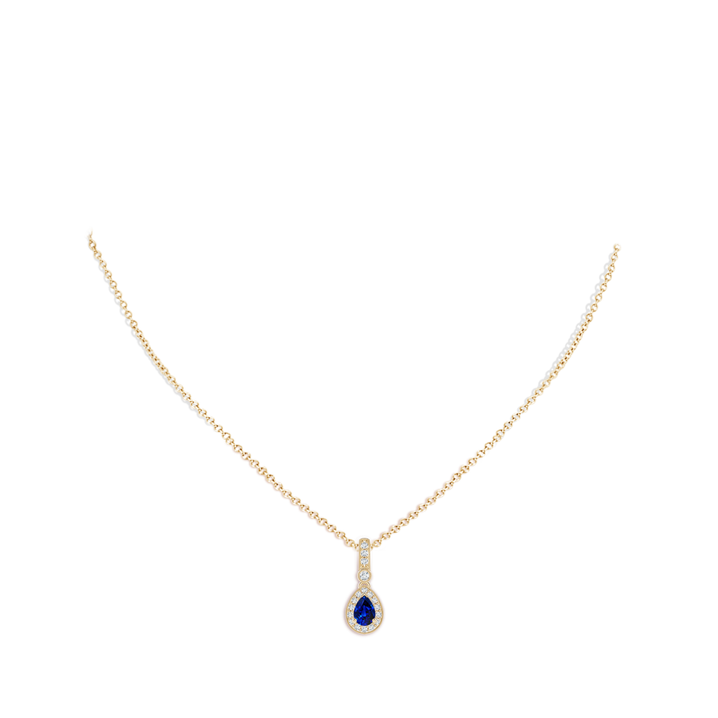 6x4mm AAAA Pear-Shaped Sapphire and Pave Diamond Halo Pendant in Yellow Gold Body-Neck