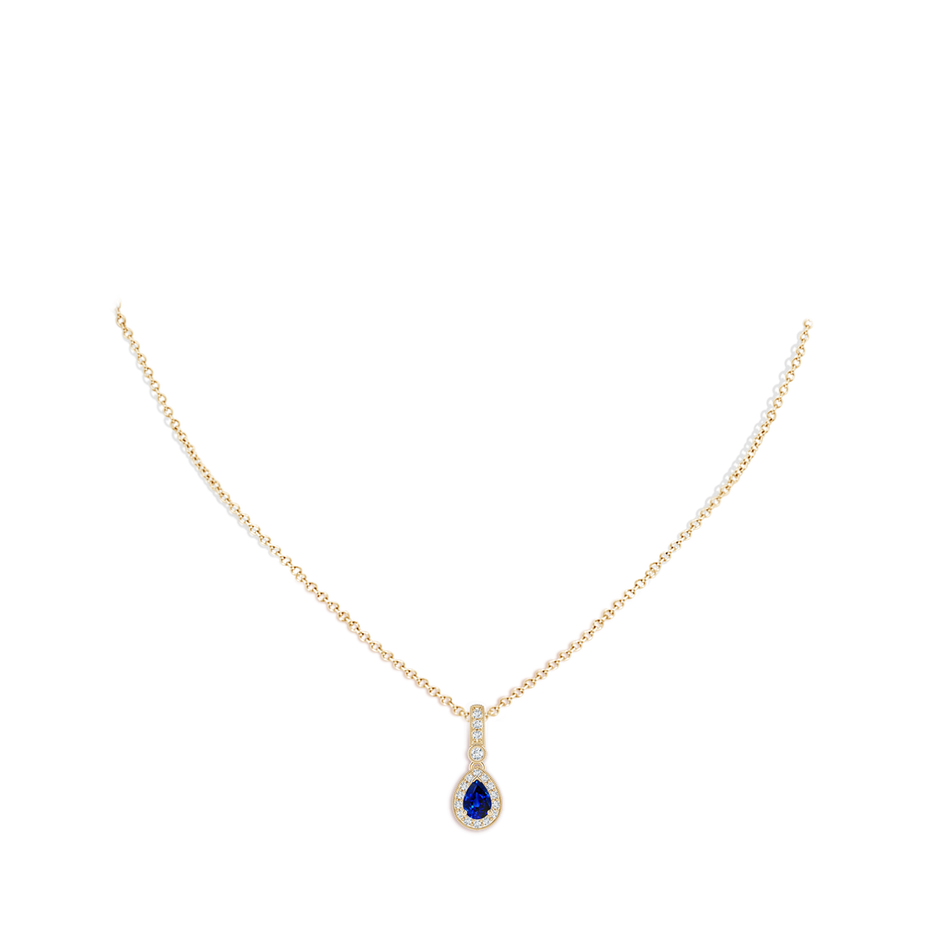 6x4mm AAAA Pear-Shaped Sapphire and Pave Diamond Halo Pendant in Yellow Gold body-neck