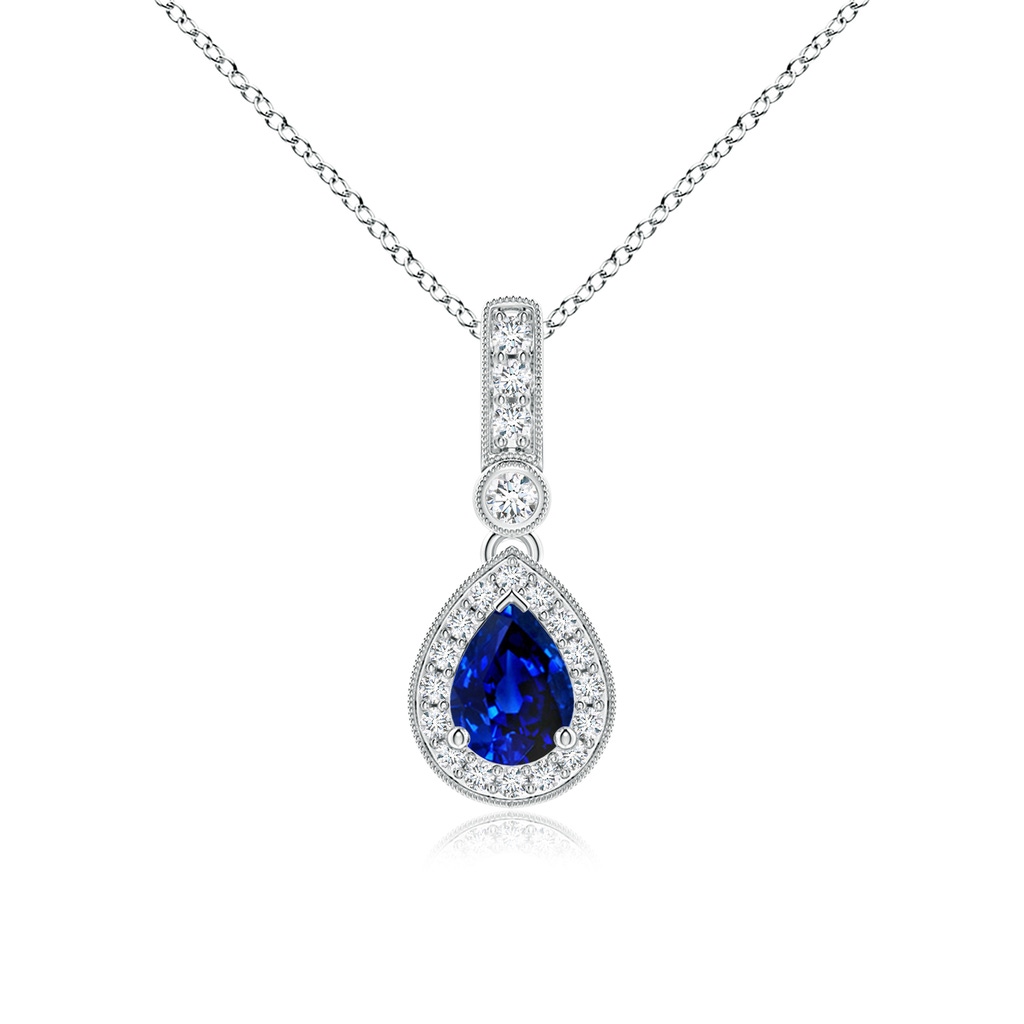 7x5mm Lab-Grown Pear-Shaped Sapphire and Pave Diamond Halo Pendant in White Gold