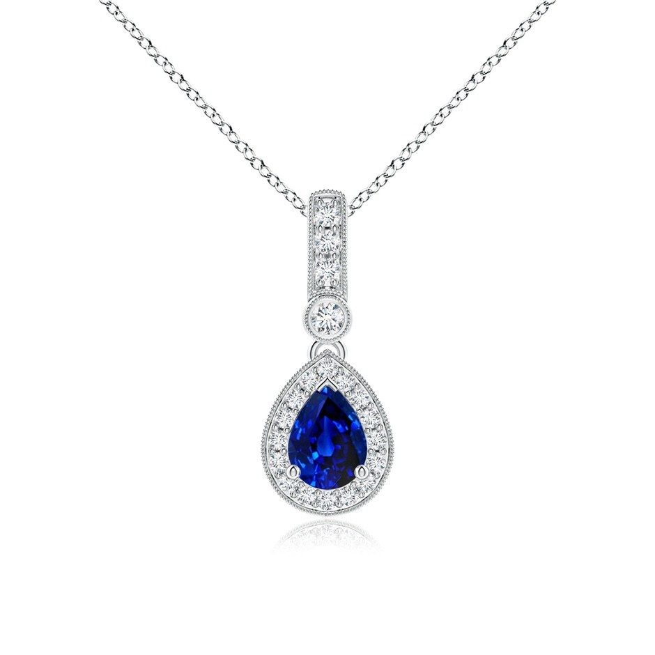 7x5mm Lab-Grown Pear-Shaped Sapphire and Pave Diamond Halo Pendant in White Gold 