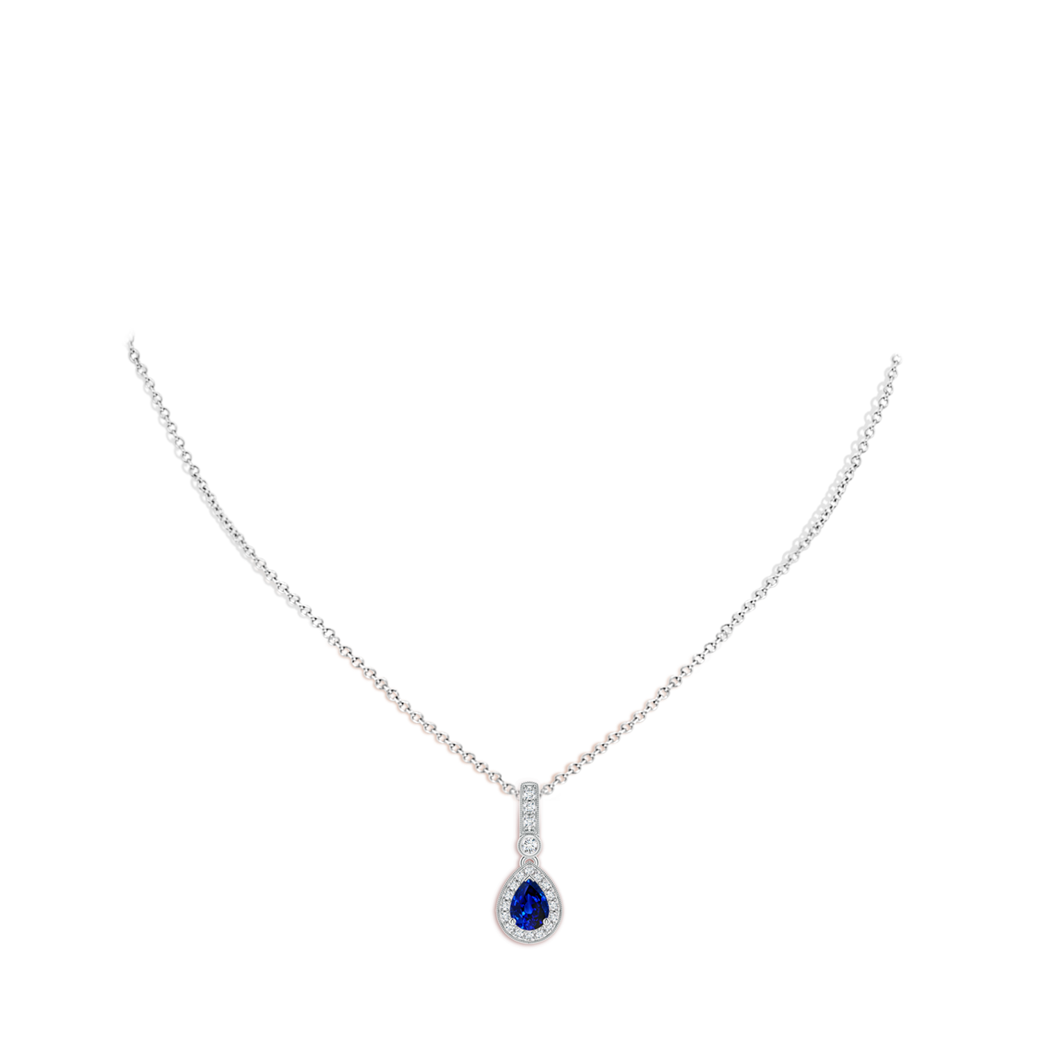 7x5mm AAAA Pear-Shaped Sapphire and Pave Diamond Halo Pendant in White Gold - body_neck