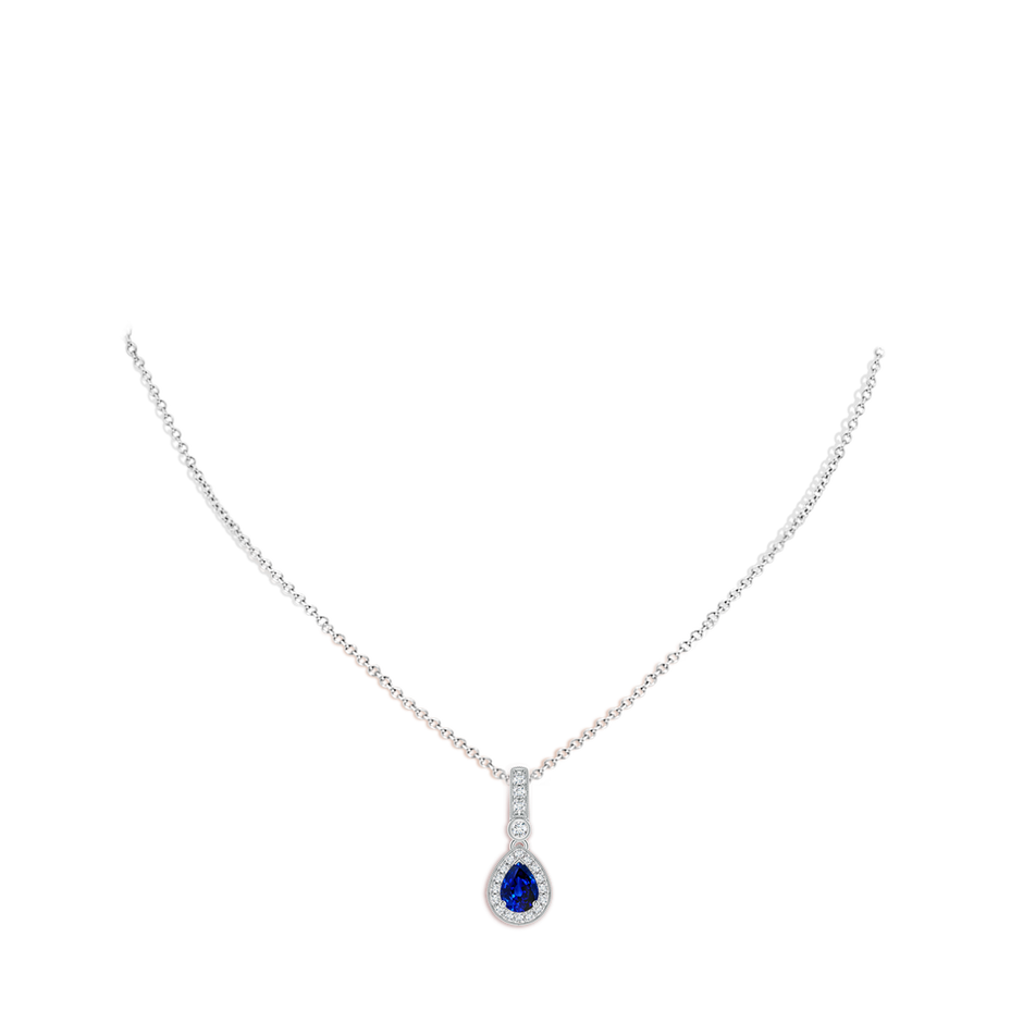 7x5mm Lab-Grown Pear-Shaped Sapphire and Pave Diamond Halo Pendant in White Gold body-neck