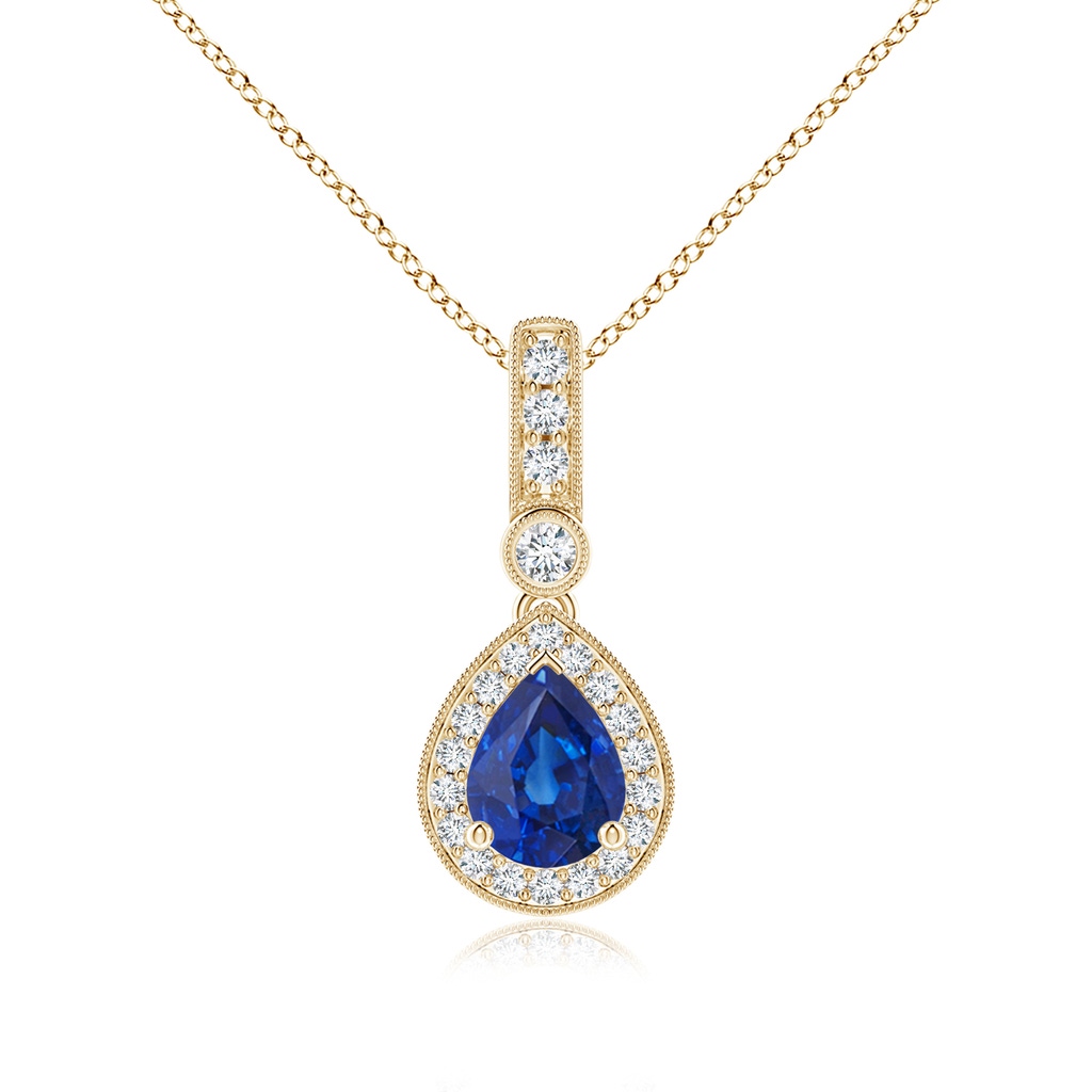 8x6mm AAA Pear-Shaped Sapphire and Pave Diamond Halo Pendant in Yellow Gold