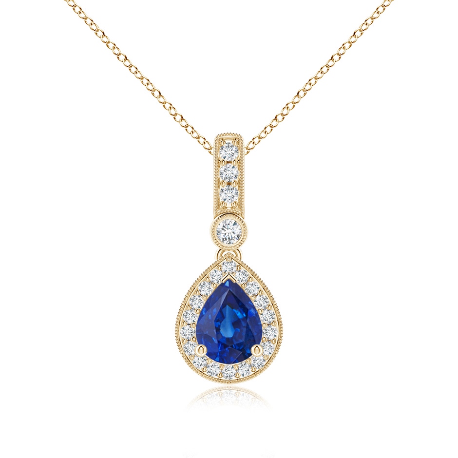 8x6mm AAA Pear-Shaped Sapphire and Pave Diamond Halo Pendant in Yellow Gold 