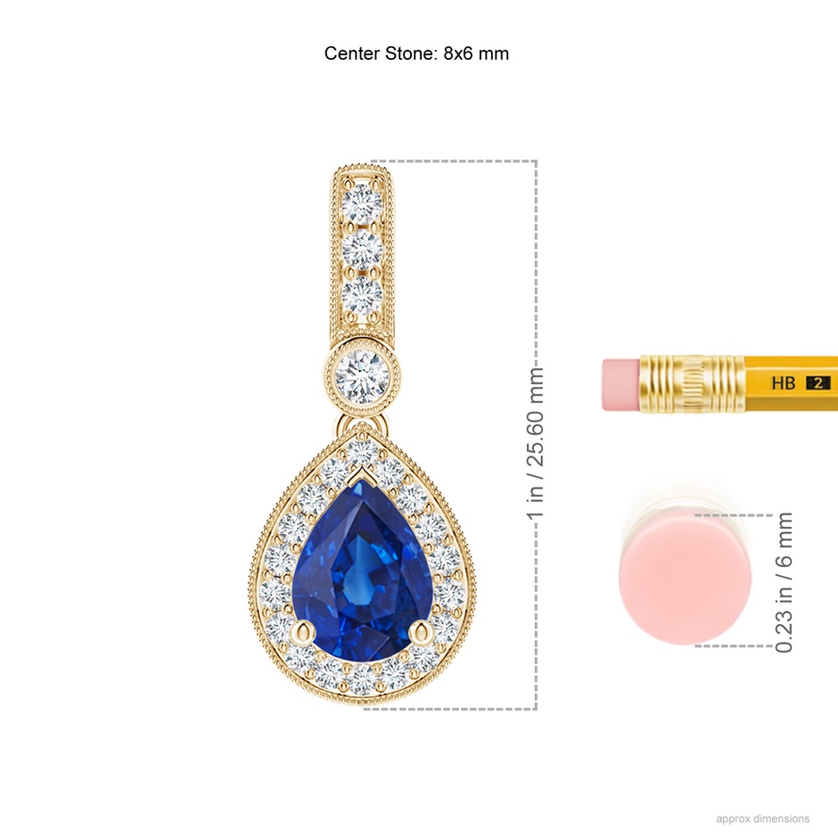 8x6mm AAA Pear-Shaped Sapphire and Pave Diamond Halo Pendant in Yellow Gold ruler