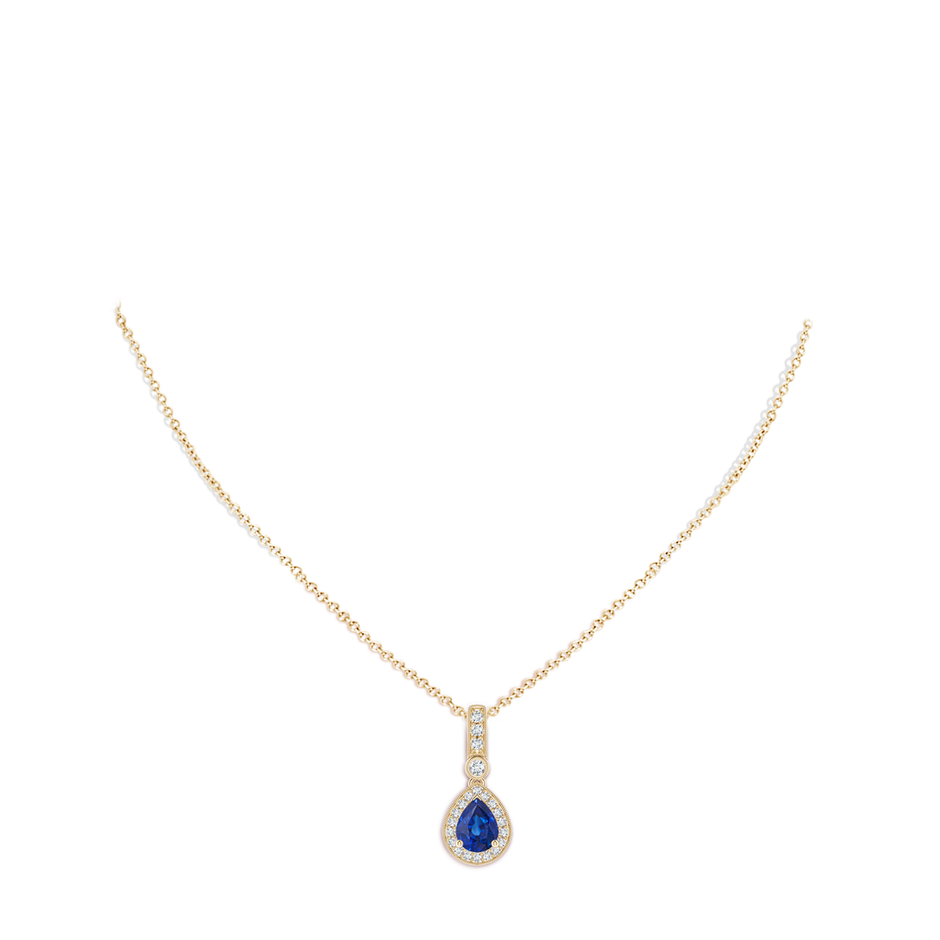 8x6mm AAA Pear-Shaped Sapphire and Pave Diamond Halo Pendant in Yellow Gold body-neck